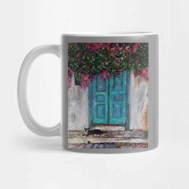 Door with Bougainvillea and a Cat by IGDecorArt